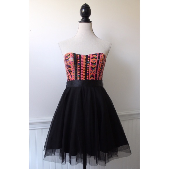 Teeze Me Black Strapless Dress w/Sequined Bodice - Picture 1 of 8